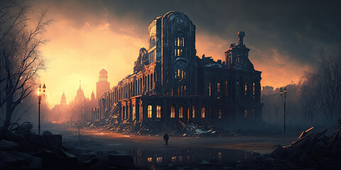 Fototapeta premium runed of city after war or disaster landscape scene , generative artificial intelligence 