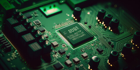 Obraz premium Close-up Shot of an Advanced Futuristic Microprocessor Chip Connecting with a Motherboard and Activates entire System, Created using generative AI tools..