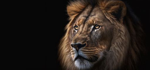 Naklejka na ściany i meble portrait of a big male African lion Panthera leo against a black background, South Africa, Created using generative AI tools.