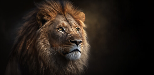 portrait of a big male African lion Panthera leo against a black background, South Africa,  Created using generative AI tools.