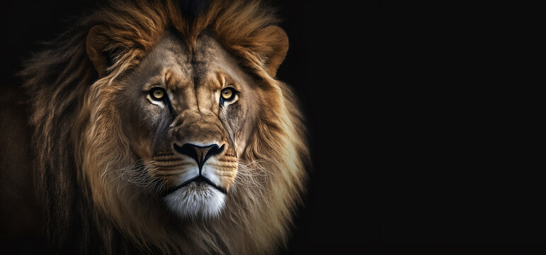 portrait of a big male African lion Panthera leo against a black background, South Africa,  Created using generative AI tools.