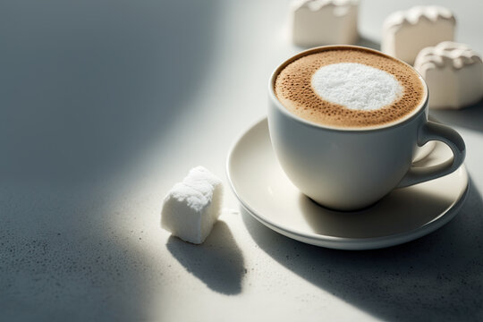 Cup of cappuccino with marshmallow. Illustration AI Generative