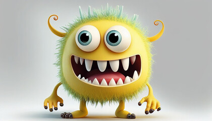 Cute yellow cartoon monster with a big smile and big eyes. 3d