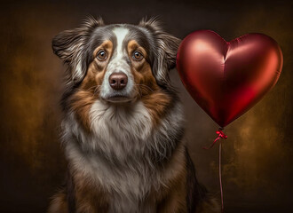 Australian Shepherd Dog with Gold Heart Balloons, Cute Pet, Copy Space for Text, Anniversary, Pet Day, Valentine, Valentine's Day, Greeting, Banner, Wallpaper, Generative AI