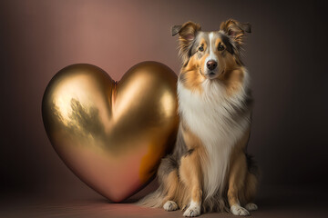 Australian Shepherd Dog with Gold Heart Balloons, Cute Pet, Copy Space for Text, Anniversary, Pet Day, Valentine, Valentine's Day, Greeting, Banner, Wallpaper, Generative AI