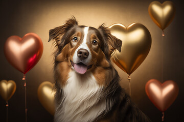 Australian Shepherd Dog with Gold Heart Balloons, Cute Pet, Copy Space for Text, Anniversary, Pet Day, Valentine, Valentine's Day, Greeting, Banner, Wallpaper, Generative AI