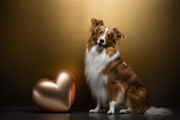 Australian Shepherd Dog with Gold Heart Balloons, Cute Pet, Copy Space for Text, Anniversary, Pet Day, Valentine, Valentine's Day, Greeting, Banner, Wallpaper, Generative AI