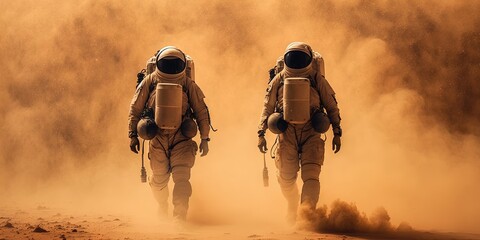 Astronauts are present in a sandstorm on the surface of Mars, Generative AI