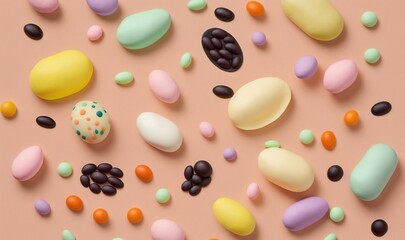  a pink background with different colored candies and chocolates.  generative ai