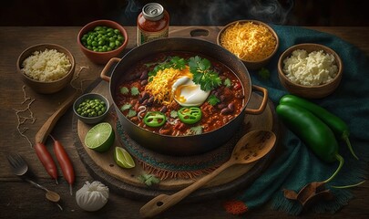  a large pot of chili with beans, rice, peas, jalapenos, and a hard boiled egg.  generative ai