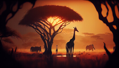 Fototapeta na wymiar Silhouette of giraffes backlit by sunset sky ,generative AI