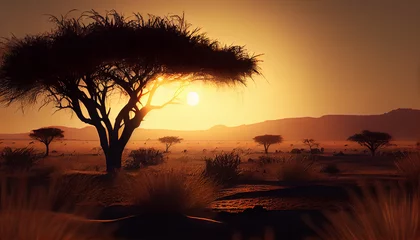 Poster Im Rahmen Sunset safari in Africa's tranquil wilderness landscape ,generative AI © Jeronimo Ramos