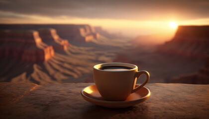 Fototapeta premium Cup of coffee on background of Grand Canyon. Copy space. Based on Generative AI