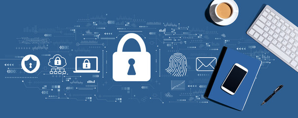 Internet network security concept with a computer keyboard and office items