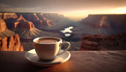Cup of coffee on background of Grand Canyon. Copy space. Based on Generative AI