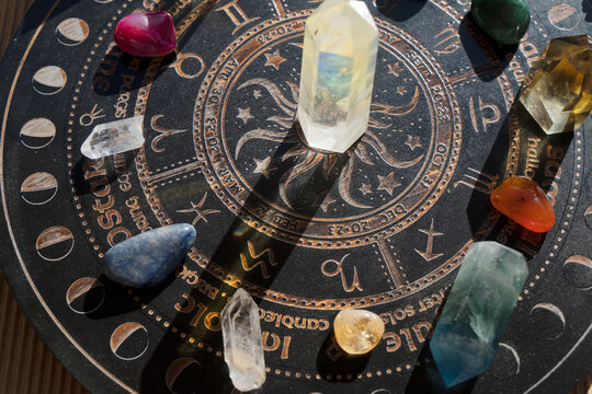 Gemstones minerals obelisks row over astrologic chart. Magic healing Rock for Reiki Crystal Ritual, Witchcraft, spiritual esoteric practice