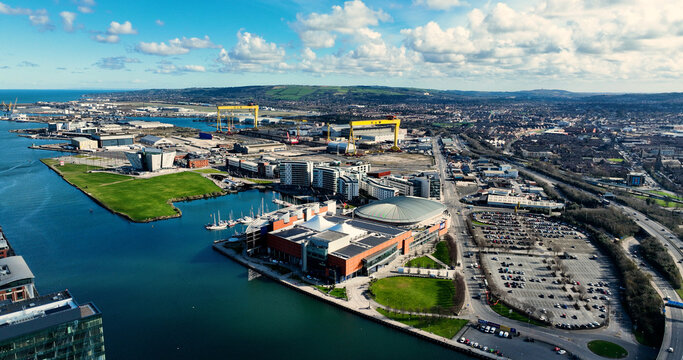 Aerial photo of SSE Odyssey Arena Complex Titanic Quarter in Belfast Northern Ireland 03-03-23