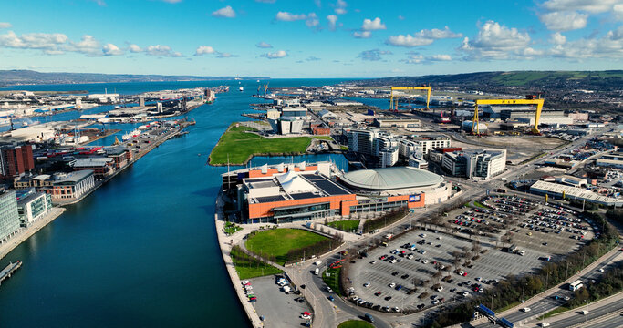 Aerial photo of The SSE Odyssey Arena Complex Titanic Quarter in Belfast Northern Ireland 03-03-23