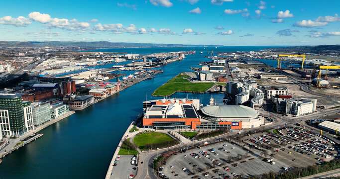 Aerial photo of The SSE Odyssey Arena Complex Titanic Quarter in Belfast Northern Ireland 03-03-23