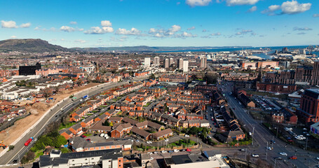 Aerial view of Residential homes and Apartments in Belfast City in Northern Ireland Cityscape