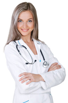 Female doctor with stethoscope in a white coat isolated on white background