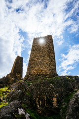 Ancient ruined medieval tower complex Tsimiti in North Ossetia