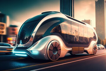 Obraz na płótnie Canvas Green energy conceptcar in the city, public transport of the future, autopilot car. AI Generated.