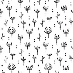 Fototapeta na wymiar A pattern of plant umbrellas, bunches, inflorescences and seeds. Seamless vector image on a transparent background.