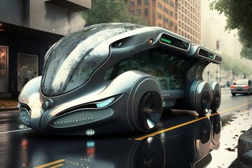 Fototapeta na wymiar Green energy conceptcar in the city, public transport of the future, autopilot car. AI Generated.