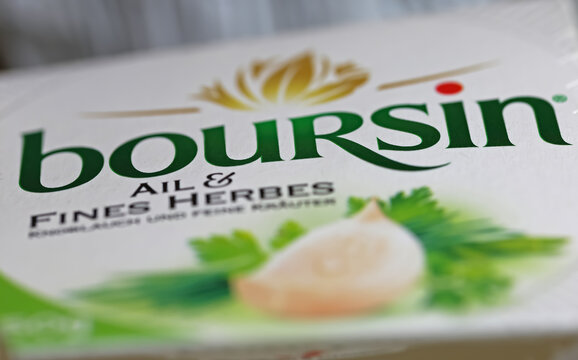 Viersen, Germany - March 9. 2023:  Closeup of package french herb cheese spread Boursin