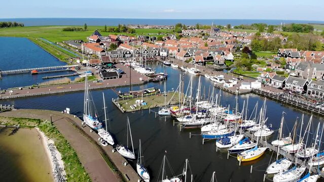Aerial drone view of picturesque village of Marken, near Volendam, North Holland, the Netherlands