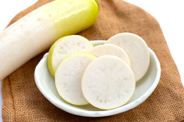 Sliced Japanese daikon. Fresh vegetables