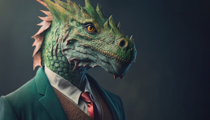 Green dragon wearing colorful suit, copy space, Generative AI