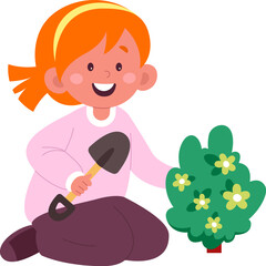 Girl gardener planting bush flat illustration Gardening