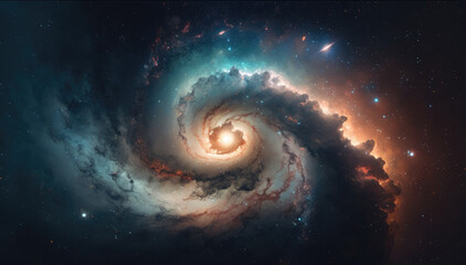 Spiral galaxy in blue and orange colors, Generative AI