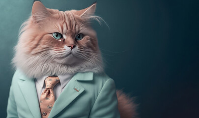 Cat businessman wearing mint colored suit, copyspace, Generative AI