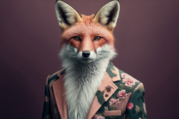 Fox wearing colorful jacket, Generative AI