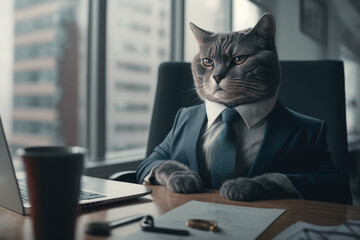 Cat boss in a suit working in office, Generative AI