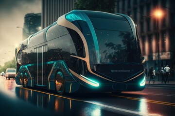Fototapeta premium Green and Clean Energy Bus Concep in the City, Public Transport of the Future, Autopilot Bus. AI Generated.