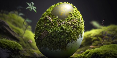 Easter eggs. Egg with moss and rocks.Eco Concept Eggs. Ecology. Eggs in meadow. AI generative