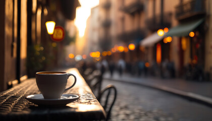 Cup of coffee on background of Spanish street. Copy space. Based on Generative AI
