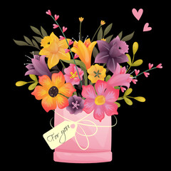 Flowers in a pink box with a white ribbon and a note for you. Spring bright bouquet for postcard. Different flowers in a round carton box with white stars. Postcard for florist or shop