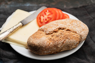 Tasty toast sandwiches with cheese on plate