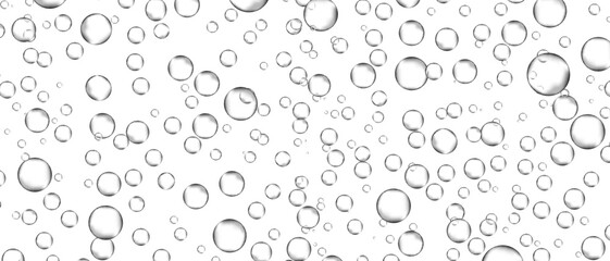 Water bubbles set isolated on white background. Air water bubbles for soda effect, transparent backdrop, icon design, champagne bubbles, texture and wallpaper. Water drops pattern, vector illustration