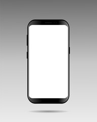 Realistic black smartphone with white screen on grey background.