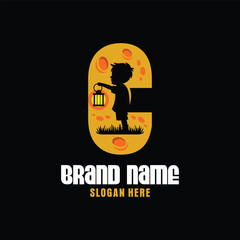 Letter C Boy with a Lantern Logo Design Template Inspiration, Vector Illustration.