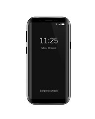 Realistic blck smartphone, locked screen on white background.
