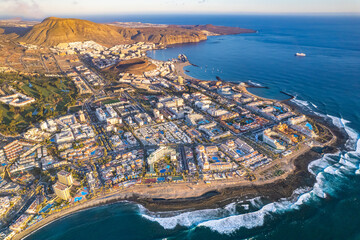 Aerial view at sunset above Playa de las Américas
