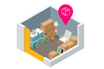 Isometric interior of a modern storage room for a warehouse of home appliances, lamps, armchairs, boxes, bicycles and other things. Warehouse of household items and interior elements.