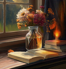 Chrysanthemums in a glass vase, still life, rainy weather, a burning candle in a simple candlestick, a book, a view of a beautiful autumn landscape outside the window, oil paintings still life